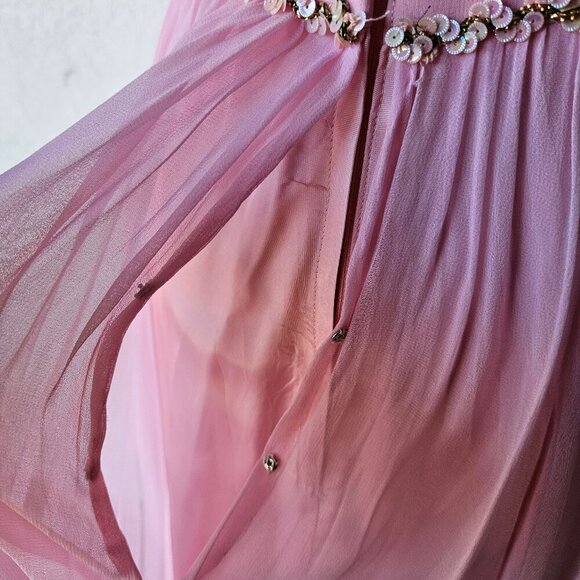 Vintage 60s 70s Light Pink Chiffon Princess Cocktail Evening Dress Gown L Large - Picture 11 of 14
